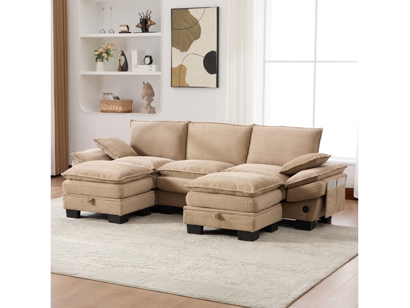 Canapé modulable 3 places en velours côtelé kaki avec 2 poufs et port usb-c - Conforama E