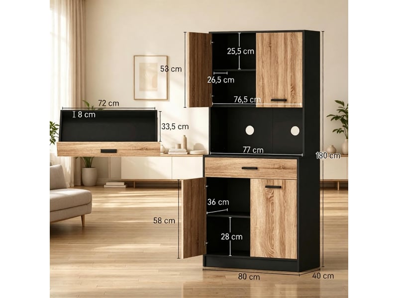 Meuble de cuisine muvano, buffet haut de cuisine 4 portes et 1 tiroir, noir et effet bois, 80 × 40 × 180 cm - Conforama W