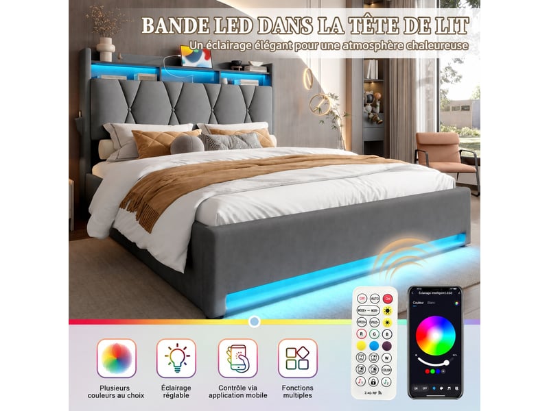  Lit coffre 160 x 200 cm en velours gris foncé, tête de lit avec rangements, led, usb et usb-c, sans matelas  - Conforama E