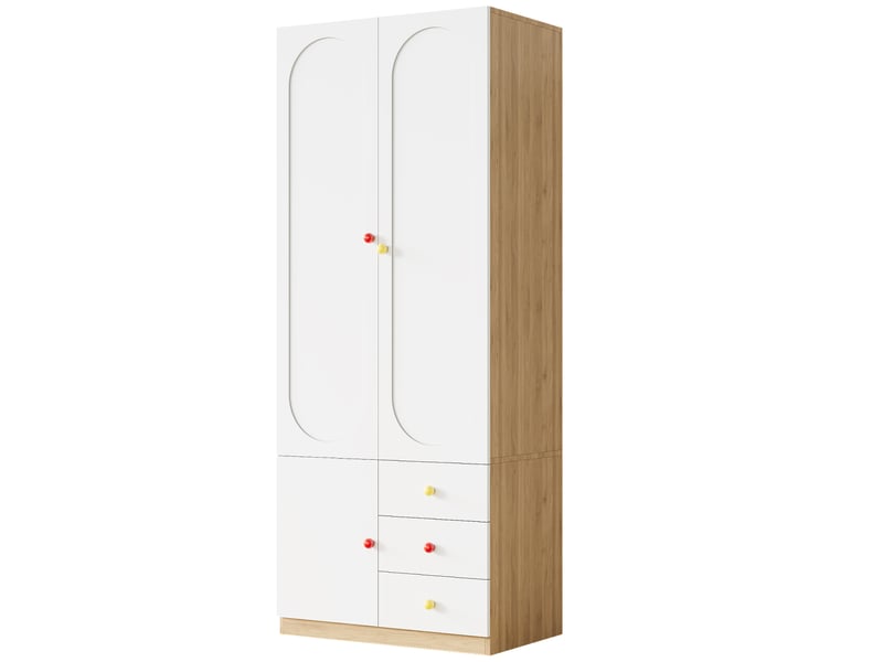  Armoire enfant 2 portes 80x50x200 cm avec penderie, 3 tiroirs, étagères, poignées en céramique et kit anti-basculement - blanc  - Conforama A