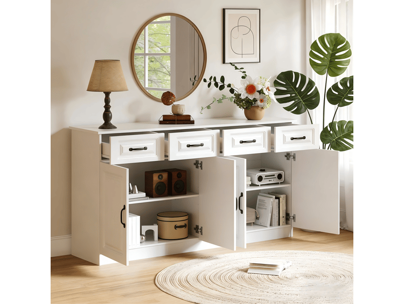  Buffet 160 cm en mdf blanc avec 4 portes et 4 tiroirs, façades rainurées  - Conforama C