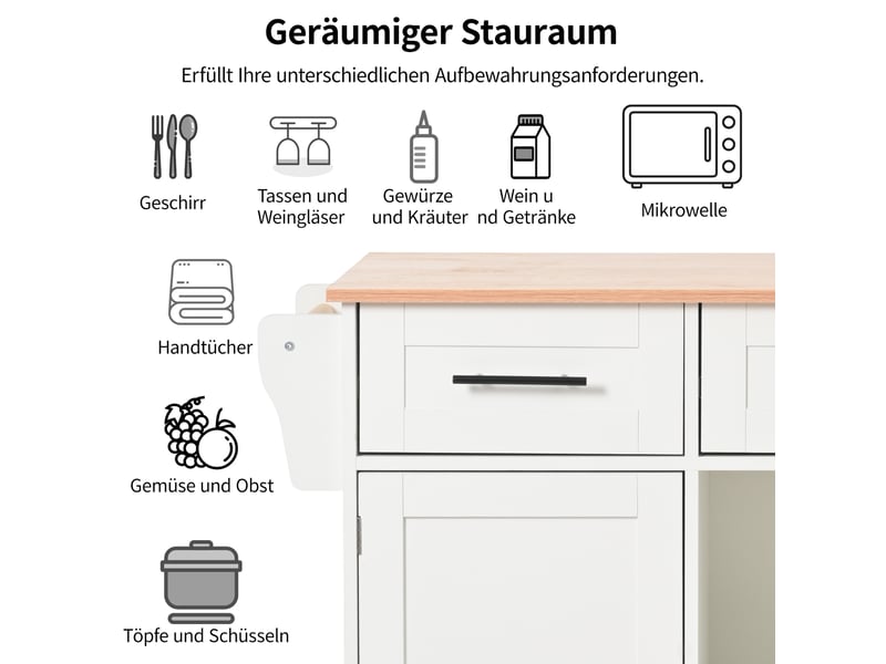  Desserte de cuisine avec 3 tiroirs, niches réglables, plateau rabattable, porte-serviettes et roulettes, en mdf, 139×46×91,5 cm  - Conforama C
