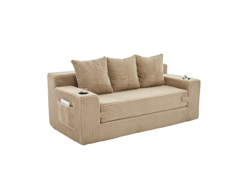  Canapé trois places avec porte-gobelets et poches latérales, design sans cadre, larges assises - kaki  - Conforama A