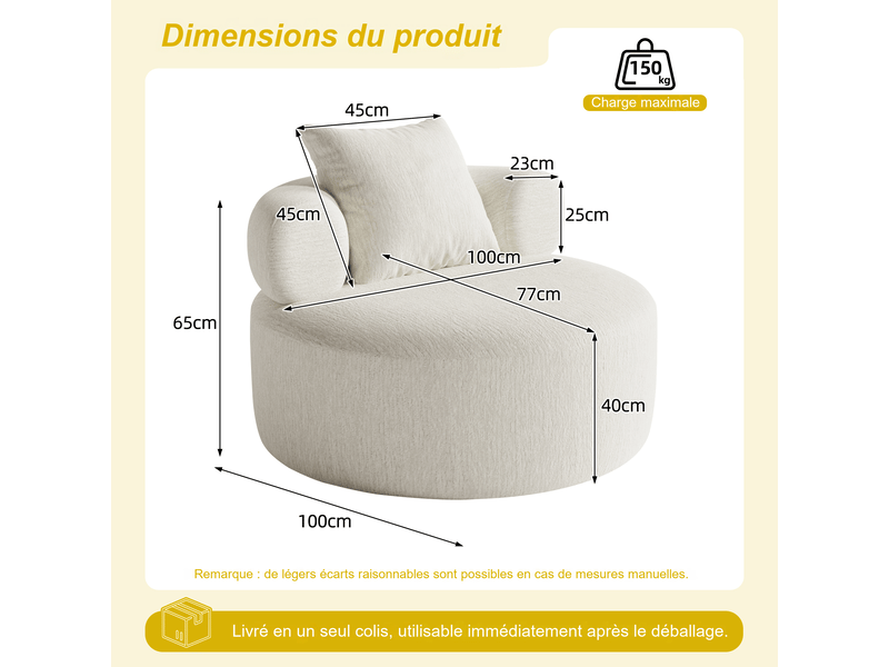 Fauteuil rond fixe 100 cm en chenille beige, mousse haute densité, avec coussin, charge 150 kg, salon chambre bureau 100X100X65cm - Conforama C