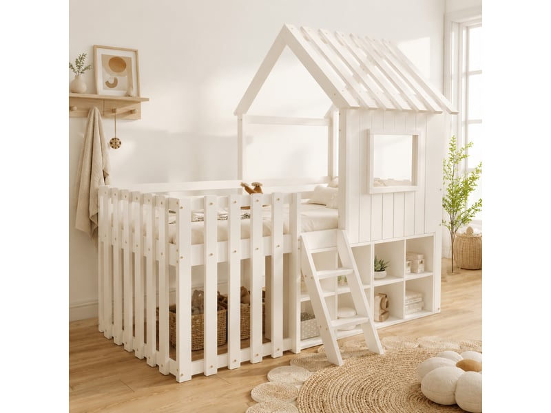 Lit mezzanine enfant 200×90 cm avec toit, fenêtres et rangements modulables, sans matelas, blanc, bois et gris - Conforama B