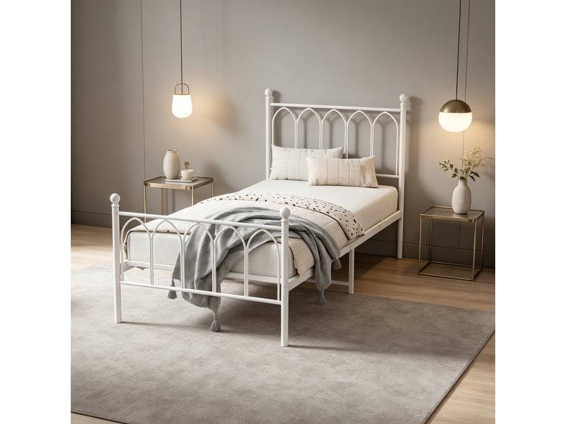  Lit simple 90x200 cm en métal blanc avec sommier à lattes, rangement sous le lit, style industriel  - Conforama B