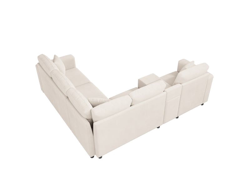  Canapé d'angle en l 5 places 235 cm beige en chenille, console coffre, porte-gobelets, usb-c et liseuse Fay Lum - Conforama D
