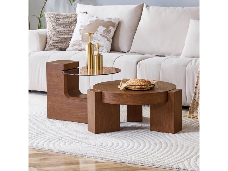  Set de tables basses gigognes rondes – mdf décor noyer et verre brun – ø 61 cm  - Conforama B