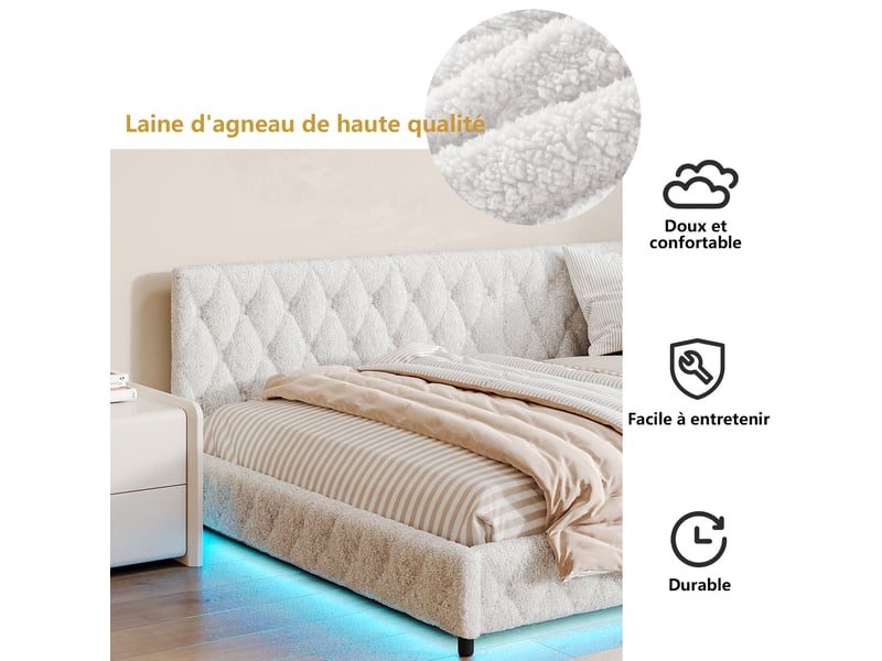 Kefsr lit double banquette 140x200 cm, lit rembourré tissu bouclette (laine d'agneau) avec led rgb et usbtype-c, beige - Conforama E