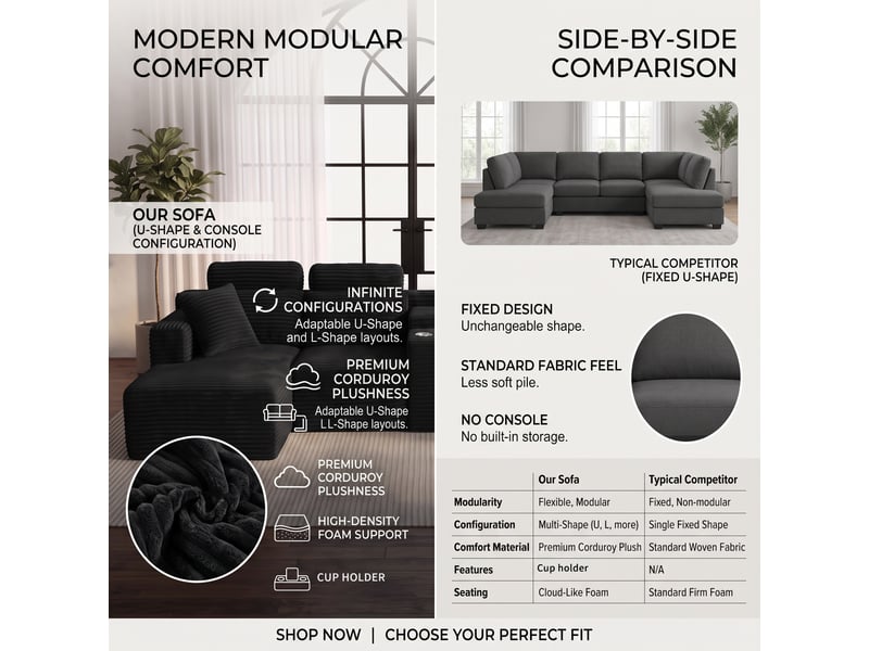  Canapé d'angle modulaire en forme de u, canapé sans cadre, 2 porte-gobelets, velours côtelé, réglable, moderne, aucun assemblage requis, boir  - Conforama D