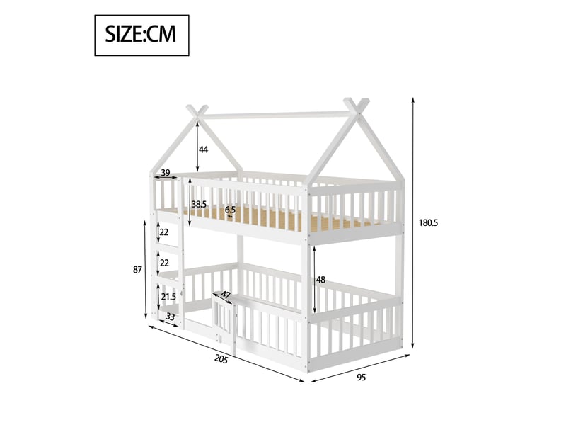  Lit superposé enfant 90x200 cm avec escalier et toit, blanc  - Conforama E