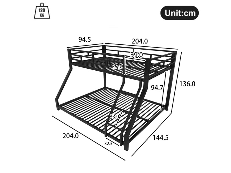  Lit superposé enfant 90x200 et 140x200 cm noir en métal, avec échelle, barrières et certification en747  - Conforama C