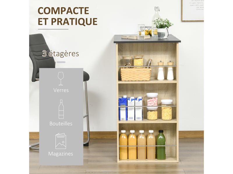  Table de bar table haute de cuisine mange-debout comptoir - 3 étagères - dim. 112l x 57l x 106h cm - aspect chêne clair noir  - Conforama A
