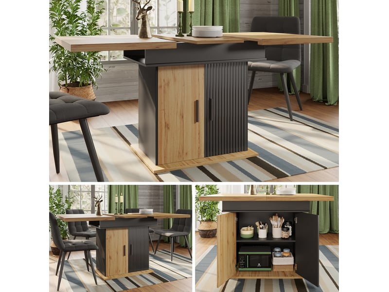 Table à manger extensible 110-140 x 80 cm avec rangement, noir et naturel - Conforama D