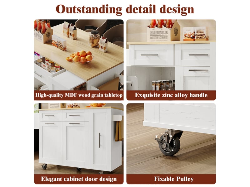  Desserte cuisine, îlot central sur roulettes avec plan de travail, plateau extensible, dimensions 110 x 46 x 90,5 cm, mdf, blanc  - Conforama E