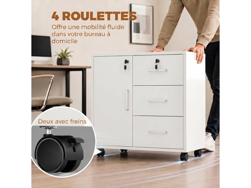  Caisson bureau meuble de rangement verrouillable avec 3 tiroirs et étagère réglable, roulettes, blanc, 40 x 60 x 56 cm  - Conforama W