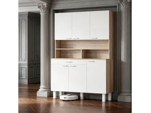 Buffet de cuisine 120x40x175 cm 6 portes 1 tiroir compartiments ouverts panneau de particules et métal blanc et aspect bois naturel