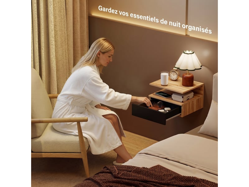  Lot de 2 tables de chevet murales, tables de nuit suspendues avec tiroir, étagère ouverte, 35x32x22,5cm, noir et chêne  - Conforama D