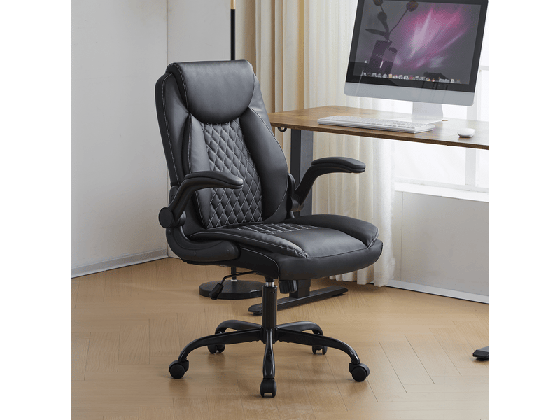  Chaise de bureau ergonomique avec soutien lombaire, accoudoirs relevables et hauteur réglable en simili cuir noir  - Conforama B
