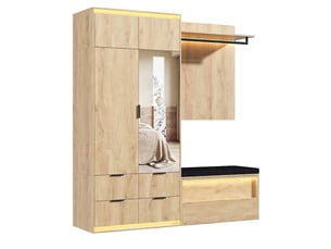 Vestiaire d'entrée complet avec miroir et éclairage led, finition chêne anthracite, 180x47x200 cm