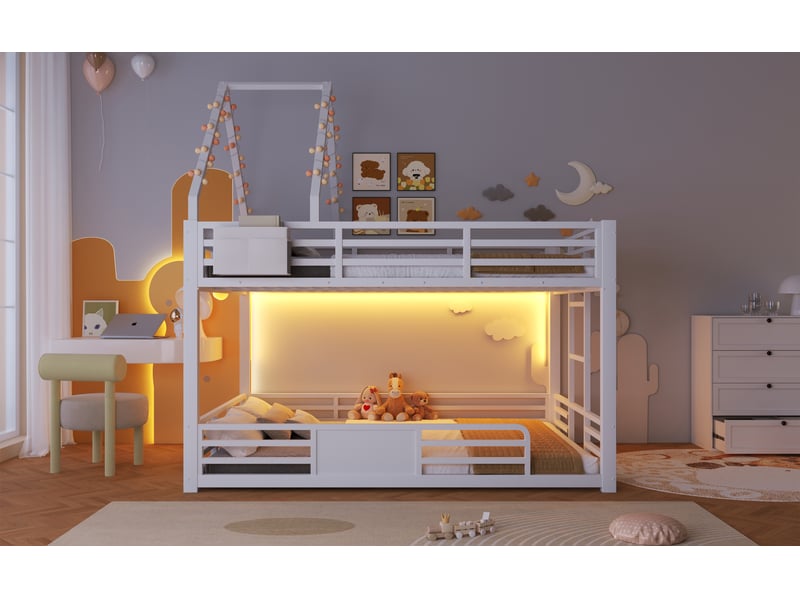  Lit superposé 140x200 cm blanc métal et bois design maison avec éclairage led rangement en tissu et barrière de sécurité Sol Morn - Conforama D
