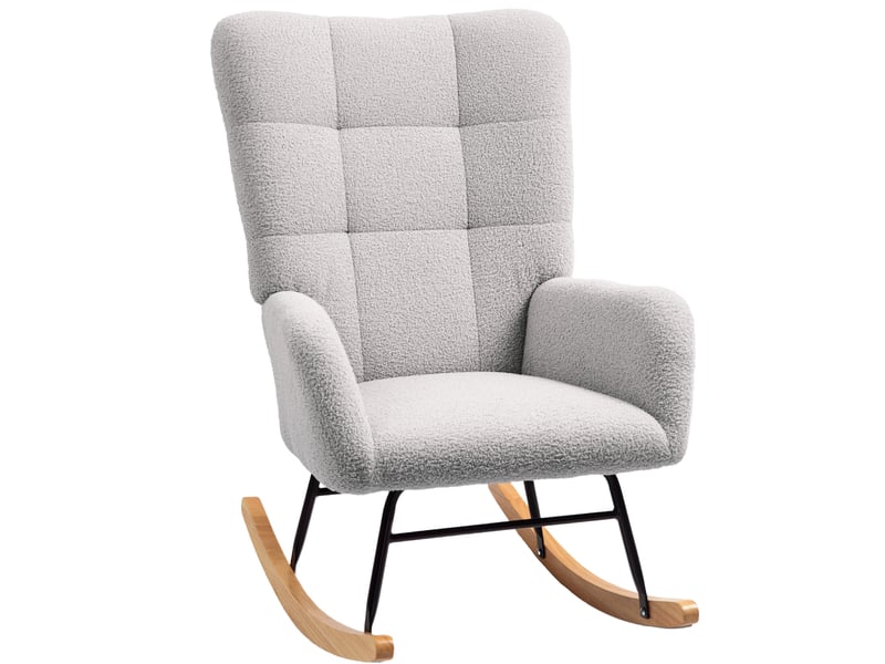  Fauteuil à bascule avec accoudoirs, dossier rembourré et assise large en tissu effet teddy gris clair  - Conforama A