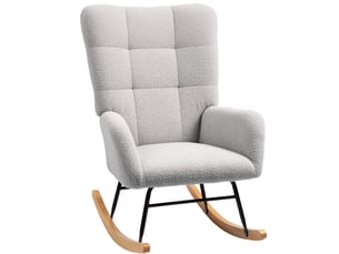 Fauteuil à bascule avec accoudoirs, dossier rembourré et assise large en tissu effet teddy gris clair