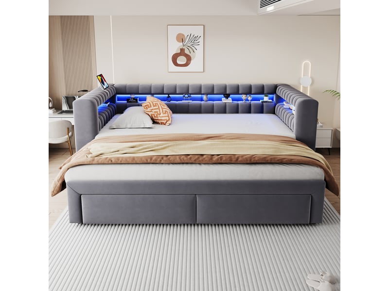  Lit gigogne 90x190 cm -  2 tiroirs - led usb-c - lit banquette 1 place convertible 180x190 cm- gris  - Conforama B