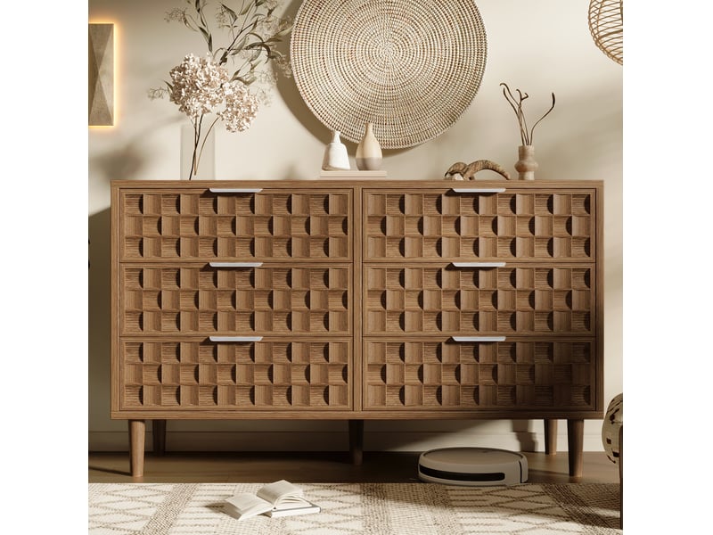  Buffet et enfilade avec 6 tiroirs, poignées métal et réglage du pied pour salon, chambre, entrée, chêne, 120 × 37 × 77 cm  - Conforama D