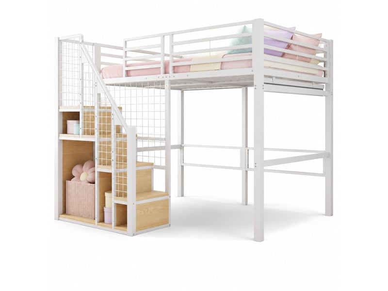 Lit mezzanine enfant et adolescent 140x200 cm en métal avec escalier, blanc  - Conforama A
