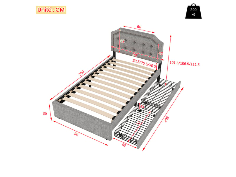 Lit avec tiroirs 90x200 cm en tissu gris, lit simple avec 2 tiroirs et tête réglable, pour matelas de 15 à 25 cm - Conforama D