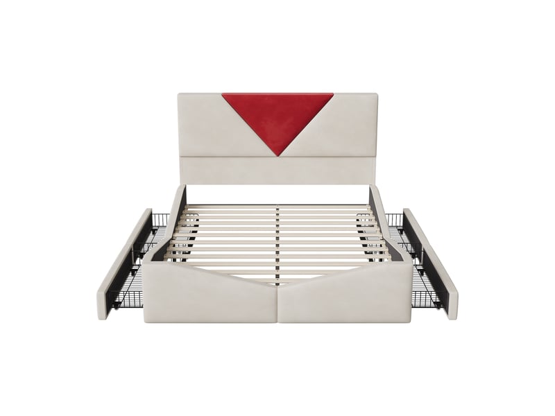  Lit 140x190 cm - lit double 140x190 - rembourré avec 4 tiroirs de rangement, tête de lit bicolore, velours - blanc cassé  - Conforama A