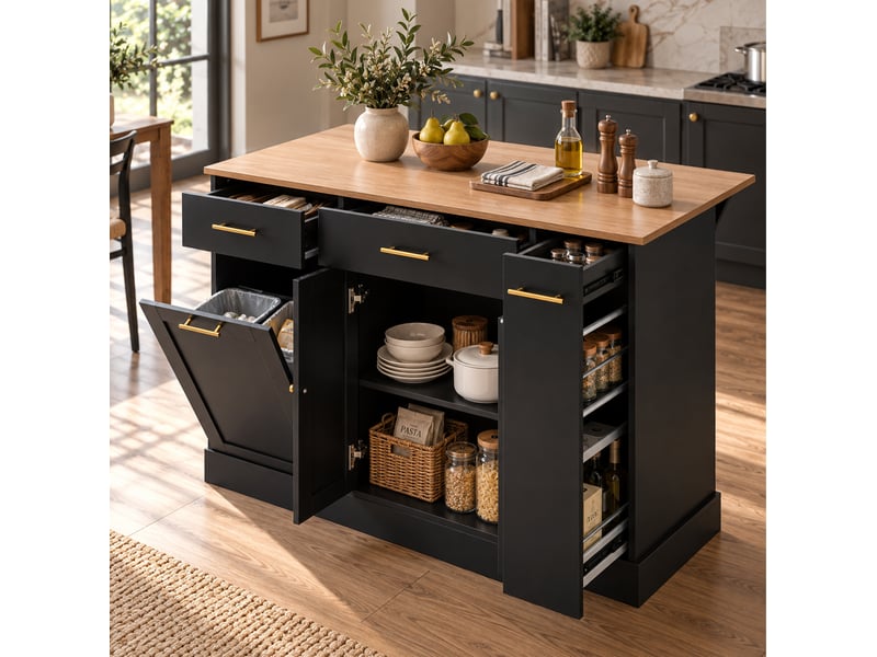  Îlot central cuisine 120x70x91,5 cm, plateau rabattable, 3 tiroirs, rangement, panneau de particules, noir et naturel  - Conforama D