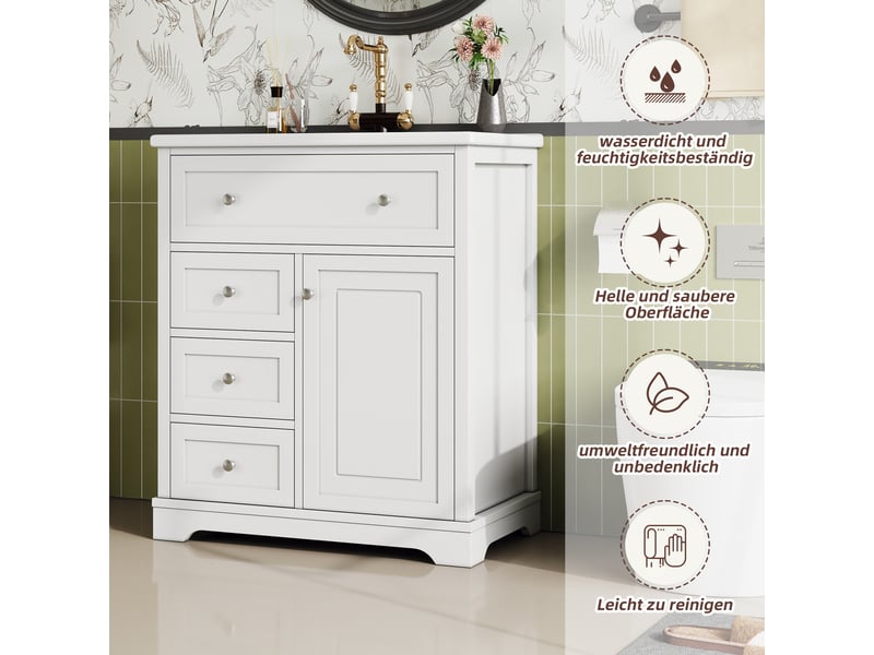 Meuble vasque sur pied blanc, 76 x 46 x 87 cm, en mdf et céramique, avec tiroir rabattable et vasque intégrée - Conforama E