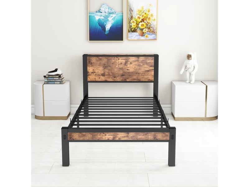  Lit simple 90x200 cm avec sommier à lattes, cadre de lit adulte avec tête de lit de rangement, brun vintage, lit 1 personne  - Conforama W