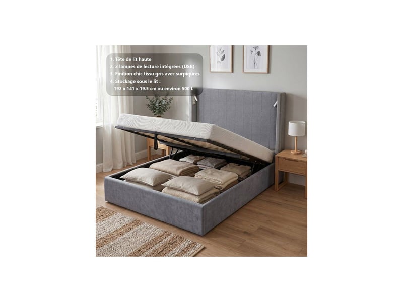  Lit coffre stan 3 140x190 cm tissu gris avec ouverture au pied et 2 lampes led usb a+c KTSTAN3MGREY140 - Conforama A