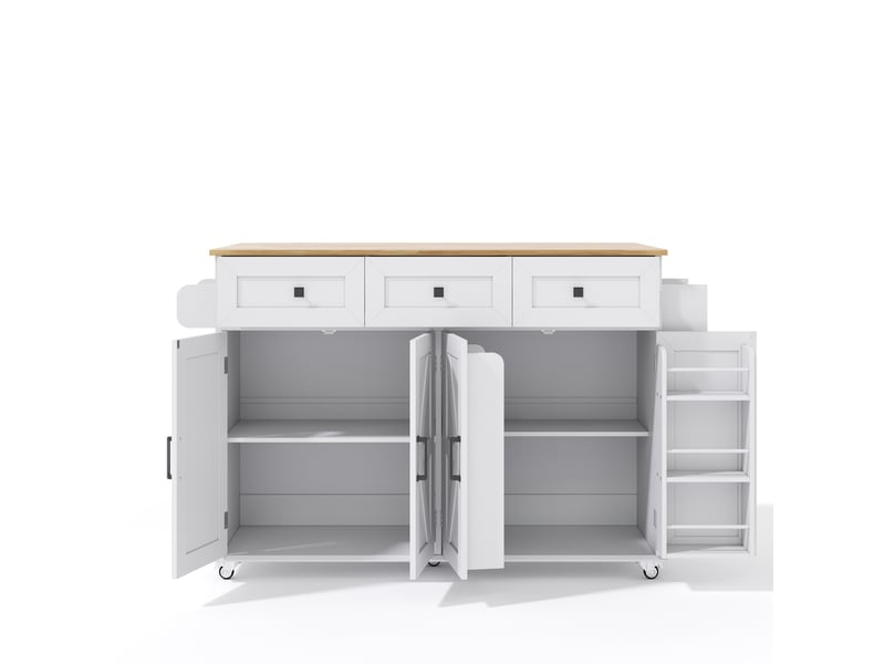  Îlot de cuisine avec plateau de travail rabattable, équipé de 5 roues à frein, 4 portes, 3 tiroirs, étagère sur porte, porte-serviettes double face, design style grange, blanc, 140x43(70)x90,5 cm  - Conforama A