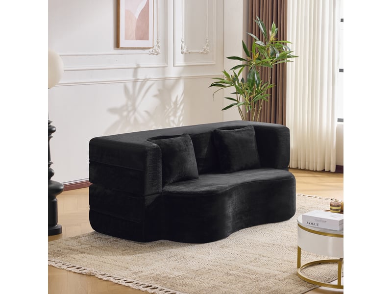  Canapé convertible compressé 2 places pliable en microfibre noire avec 2 coussins  - Conforama B