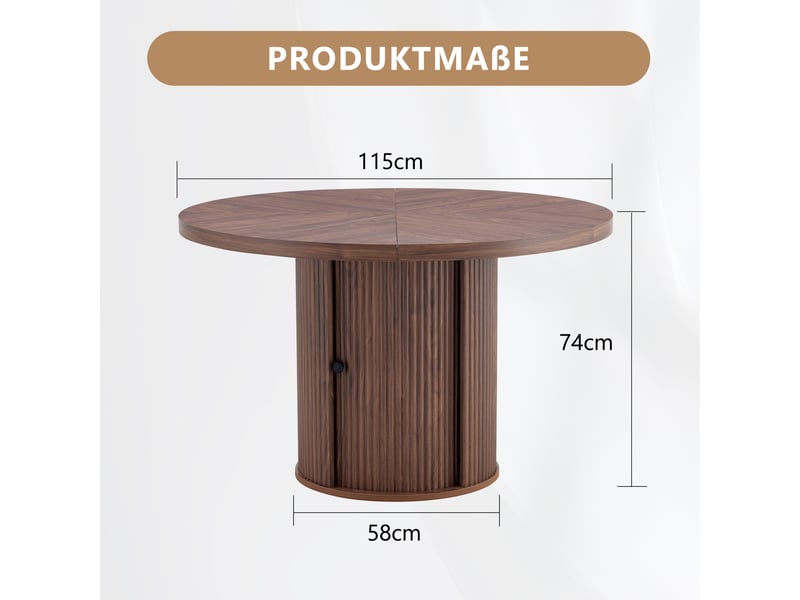  Table à manger ronde avec rangement, mdf couleur noyer, diamètre 115 cm, 4 à 6 personnes  - Conforama E