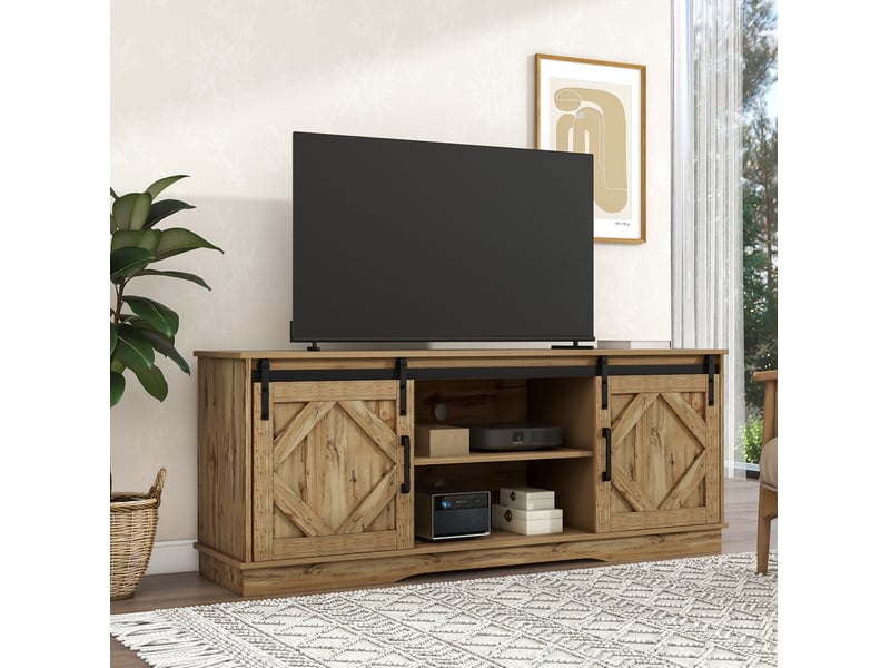  Meuble tv modenvie style campagne 150 x 40 x 60 cm marron rustique avec portes coulissantes  - Conforama D