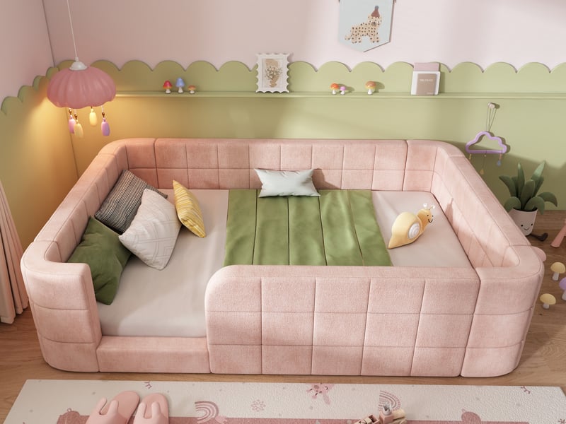  Lit double pour enfant 140x200 cm, lit au sol en chenille douce, barrière de protection tout autour, accès bas, rose  - Conforama B