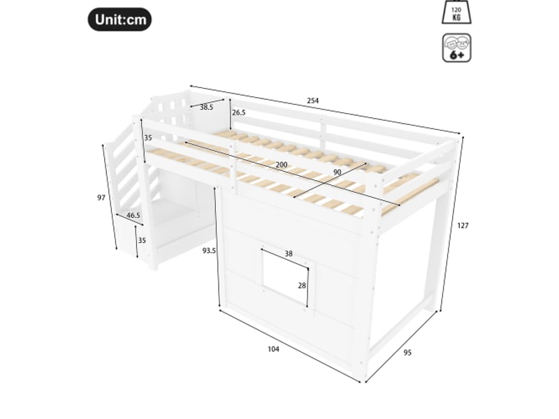  Lit mezzanine adulte 90x200 cm | blanc, avec fenêtre et rangements  - Conforama C