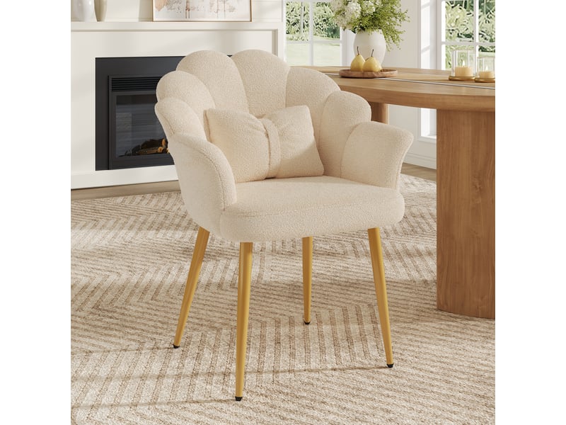  Fauteuil moderne beige en tissu teddy, dossier pétale, coussin et pieds dorés  - Conforama B