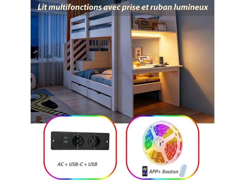  Lit superposé enfant 90x200 cm blanc avec bureau, escalier de rangement et éclairage led  - Conforama D
