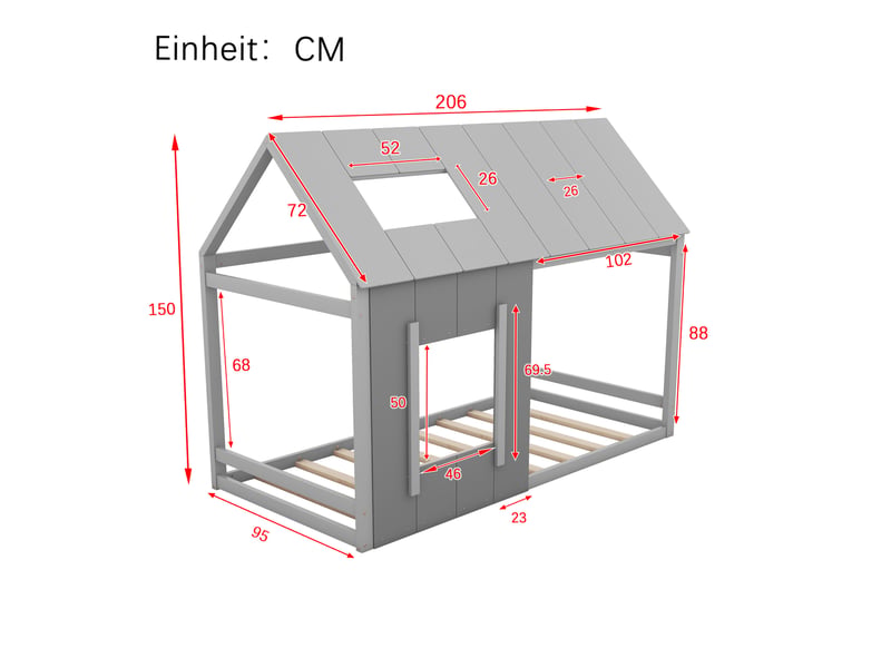  Lit enfant 90x200 cm en forme de maison avec toit et fenêtre gris  - Conforama C