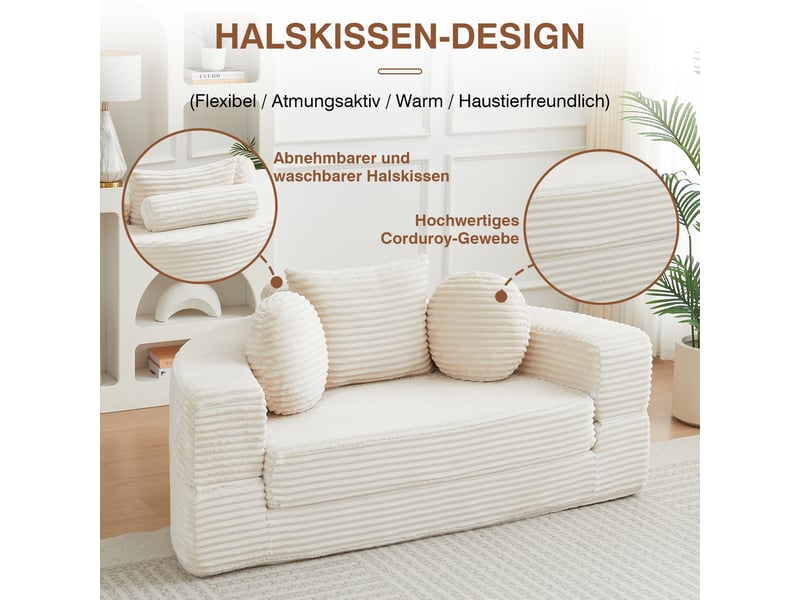  Canapé-lit 4 en 1 polyvalent pour petits espaces, utilisable comme canapé semi-rond ou lit de jour rond, deux coussins ronds et un coussin carré  - Conforama E