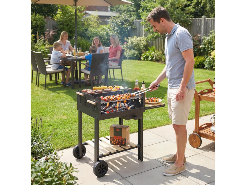  Chariot barbecue au charbon avec 2 grilles réglables, roues et tablette latérale, noir  - Conforama D