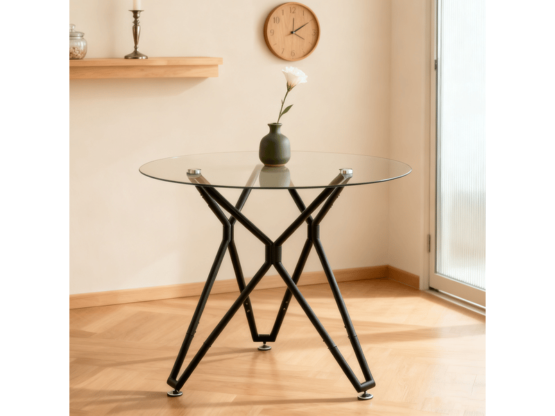 Table à manger ronde 1 à 4 places gain de place - lpospi - pieds réglables, verre trempé et métal noir, 90 × 90 × 78 cm - Conforama C
