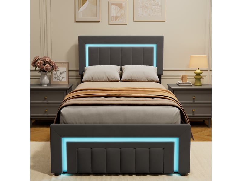 Lit enfant 90x200, lit rembourré avec éclairage led, lit simple avec tiroirs, cadre de lit avec grand espace de rangement, gris foncé (sans matelas) - Conforama B