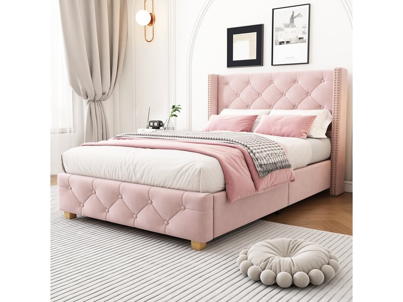  Lit simple capitonné 90x190 cm - avec sommier à lattes et tête de lit - capitonnage à boutons - tissu velours - gris (sans matelas)  - Conforama D